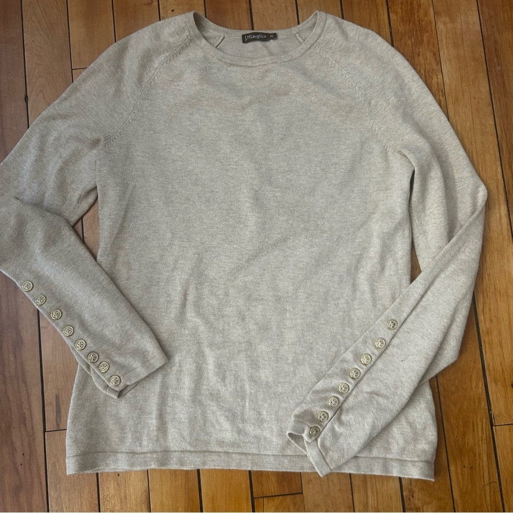 J McLaughlin Jamey Sweater XS Oatmeal Crewneck Button Trim Raglan Coastal Preppy
